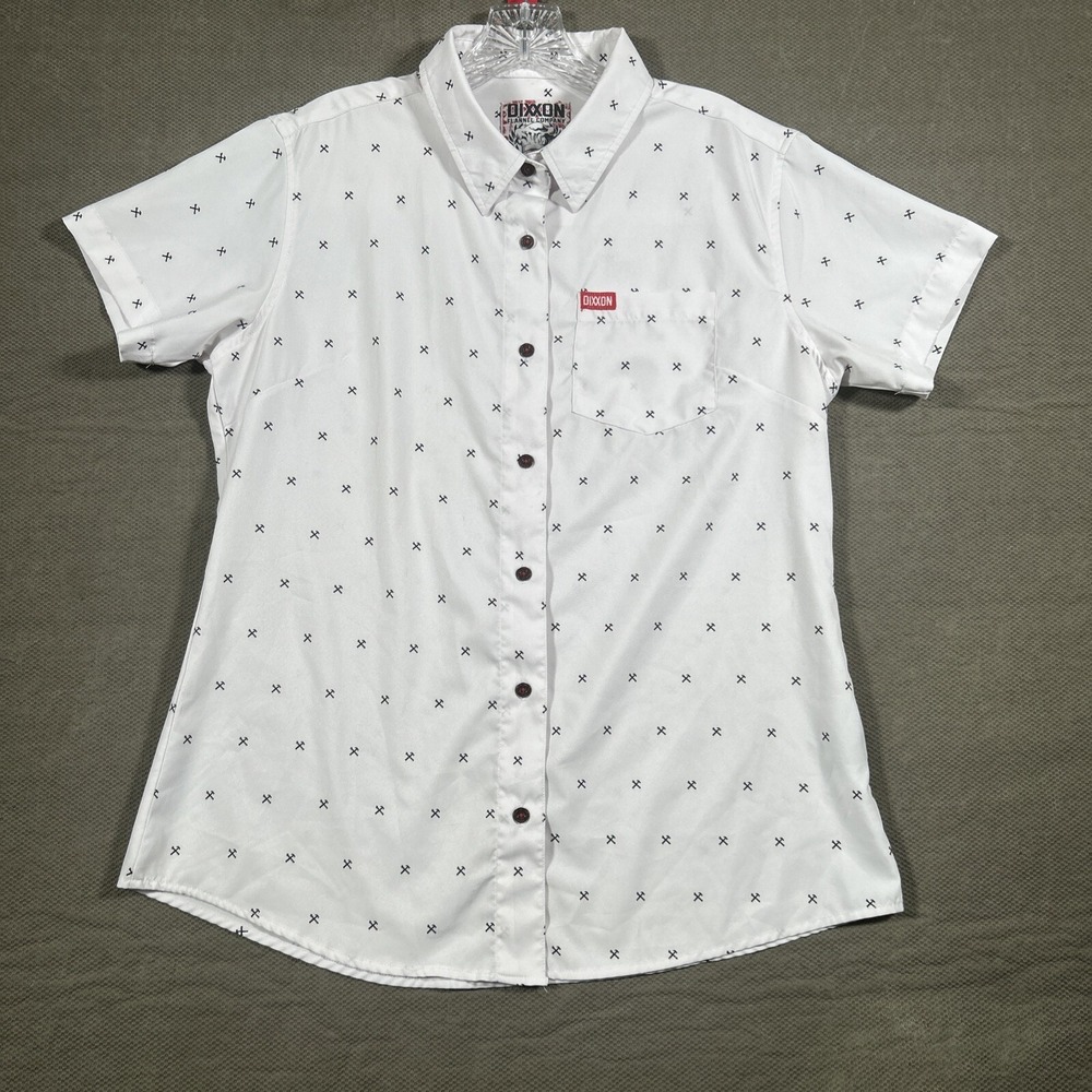 Dixxon Flannel Shirt Womens Large White Geometric Short Sleeve D-Lite Stretch
